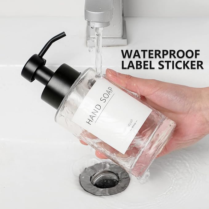Foaming Soap Dispenser Set, 12 Oz Glass Hand Soap Dispenser with 304 Rust Proof Stainless Steel Pump, Waterproof Labels, for Bathroom Decor Kitchen College Dorm, Clear Black Pump 2 Pack | Rust Proof Black Pump, Sturdy, Clear Empty Foam Bottle with Wate...