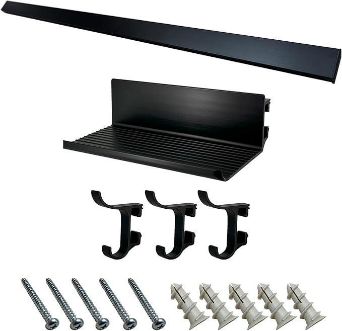 Modern Aluminum Wallmount Organizer, 32.3" Rail with Adjustable 4 Hooks, Wall Rail (Ivory) (Black, 32.3" Rail with Shelf Tray & 3 Hooks)