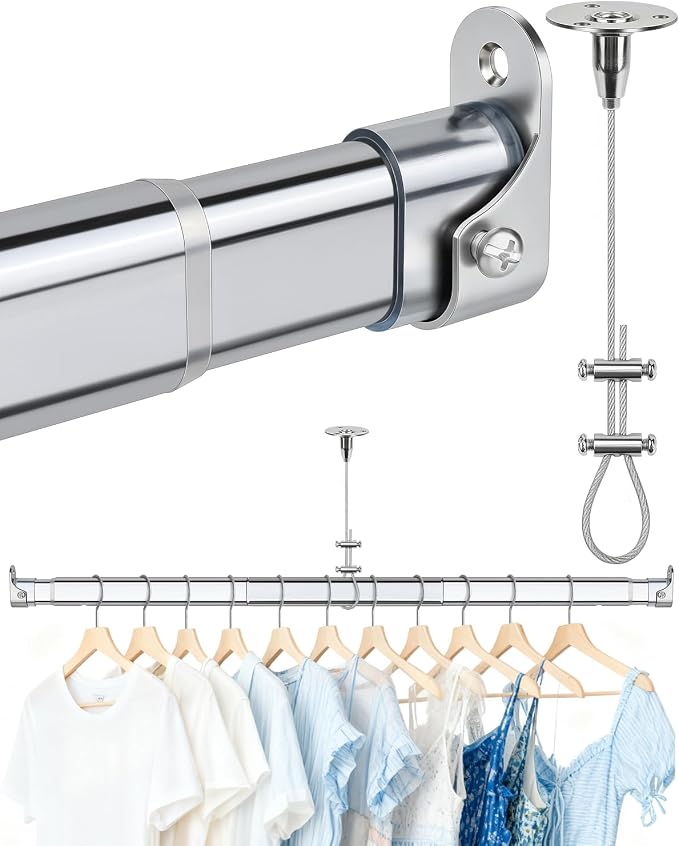 Premium Chrome Oval Closet Rod for Hanging Clothes 52 to 70 Inch, Includes End Supports, Adjustable Wardrobe Tube, Heavy Duty Extendable Closet Pole, Carbon Steel