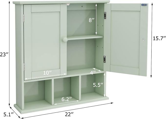 TaoHFE Green Bathroom Cabinet,Bathroom Wall Cabinet with 2 Door Adjustable Shelves,Over The Toilet Storage Cabinet,Green Bath Room Cabinet Wall Mounted,Medicine Cabinets for Laundry Kitchen