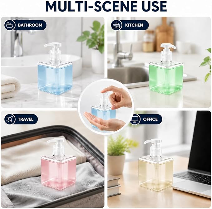 TMLECE 8.5oz/250ml Square Soap Dispenser Bottles | Eco-Friendly PETG Material, Leak-Proof Rotating Pump for Bathrooms, Kitchens & Travel, 4 Pack Refillable Bottles