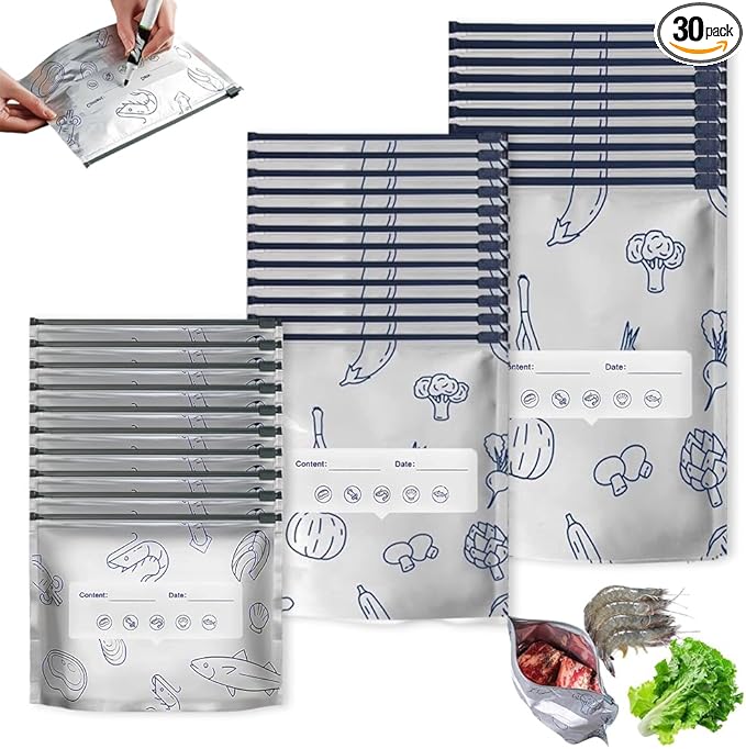 Reusable Aluminum Foil Sealable Storage Bags, Vacuum Zipper Pouches with Label and Stand Up Bottom Design, Leakproof Durable Food Storage Bags for Vegetables Fruits Meat (30, 3 Size)