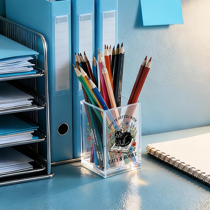 Life Is Better With Cats & Books Acrylic Pencil Holder Cup, Funny Floral Cat Books Desk Organizer for Book Lover Bookish Bookworm Reader, Pet Lover Gifts for Mom Sister BFF, Pencil Cup for Desk
