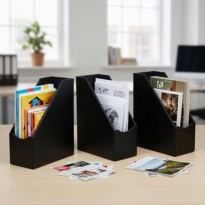 UnionBasic Magazine File Holder, Leatherette Desktop Document Organizer, Home Office Paper Holder File Storage Literature Sorter, Black, Set of 4