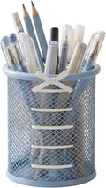Pen Holder for Desk - Cute Ribbon Bow Wire Mesh Pencil Cup, Lace-up Desktop Organizer for Girls & Teens, Decorative Stationery Storage for Home Office (Blue)