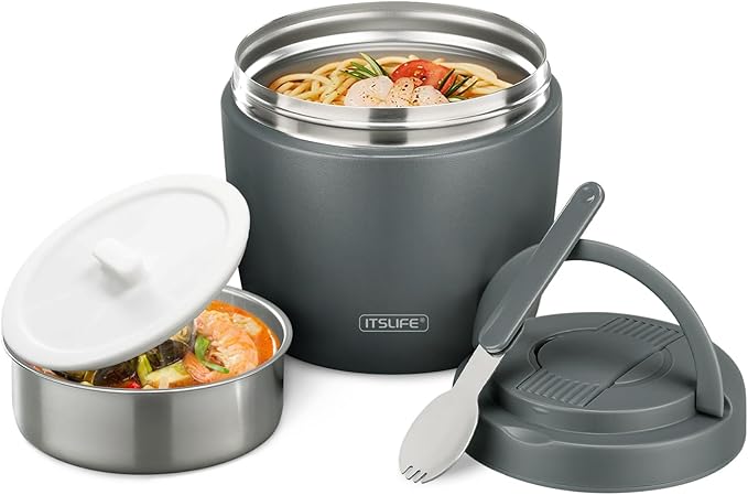 Itslife 32oz Insulated Soup Thermo, Vacuum Stainless Steel Food Jar for Hot & Cold Food, Leakproof Wide Mouth Lunch Container with Spoon, Grey