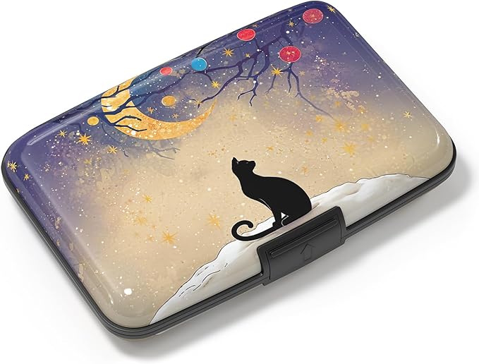Credit Card Holder, Mini Aluminum Card Wallet RFID Blocking Slim Metal Hard Card Case for Women Men, Moonlight Cat