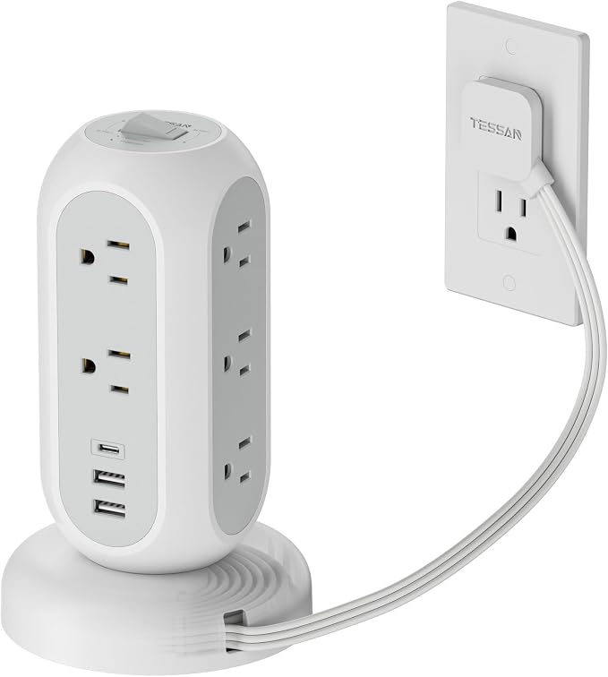 TESSAN Tower Power Strip Flat Plug with 1050J Surge Protection, 5 Ft, Black | 11 Outlets 3 USB (1 USB C), Surge Protector Power Tower, Retractable Extension Cord with Multiple Outlets for Dorm, Office