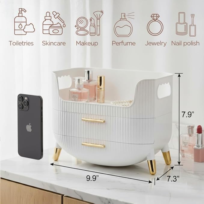 HALAFE Makeup Organizer with Drawers, Skincare Storage Box for Vanity, Multiple Compartments, Portable Cosmetic Display Case with Handle, Large Make up Organizers for Dresser, Bathroom, Bedroom, Pink