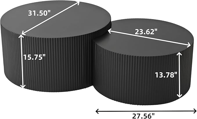 Nesting Coffee Table Set of 2, Modern Drum Side Table End Table, Wave Stripe Round Coffee Table for Living Room, Bedroom, Black-02