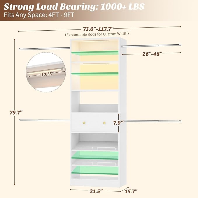 Armocity Wood Closet Organizer System with Sensing Light - 4FT-9FT Expandable Wardrobe Closet with Drawer & 4 Hanging Rods, Heavy Duty Walk-in Closet 1000Lbs for Bedroom Walk-in Closet, White