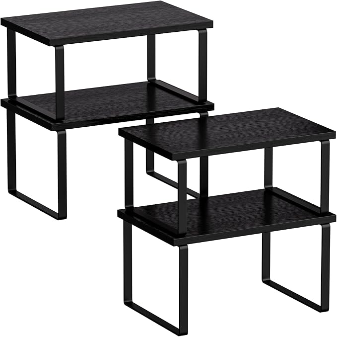 4 Pack Cabinet Organizer Shelves, Counter Shelf, Kitchen Storage, Spice Rack, Stackable, Expandable, Wood and Metal (Natural Black & Black)