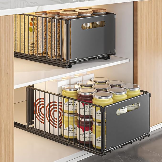 YunNasi Pull Out Cabinet Organizer Slide Out Drawer Storage Shelves Cupboard Organiser Sliding Cabinet Basket for Kitchen No Drilling and Nailing (Black, 2Piece 9.8" W X15 D X 7.5" H)