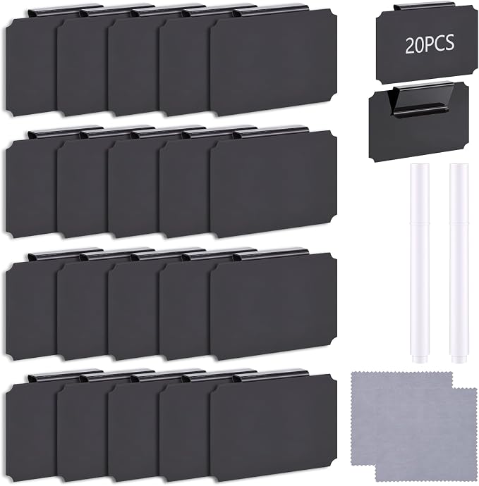 20 Pcs Basket Labels Clip On for Storage Bins, Pantry Organization with2 Markers and 2 Wipe Cloths Reusable Clip on Chalkboard Basket Tags for Pantry Storage Kitchen