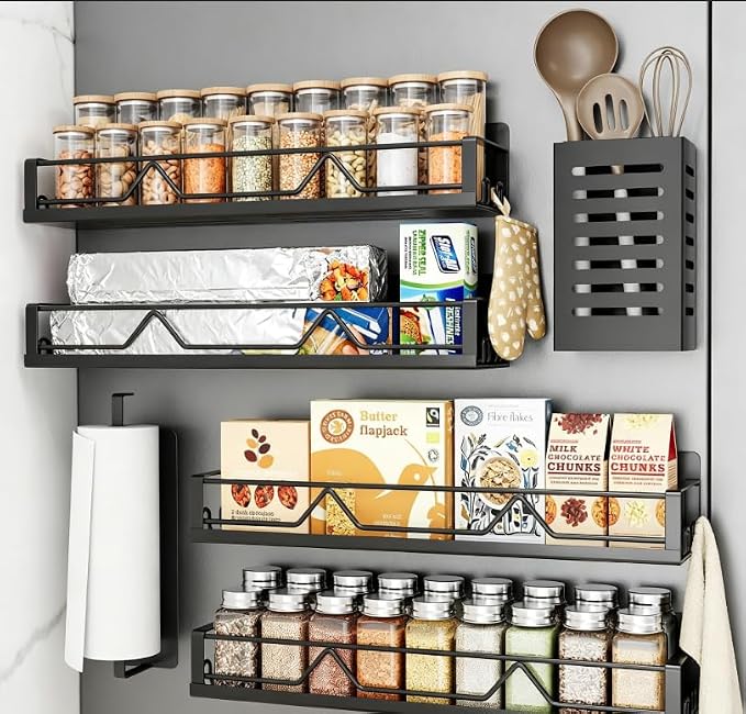 Mystozer 16.9 Inch Wide Large Capacity Magnetic Spice Rack for Refrigerator,6 Pack Metal Fridge Shelf Spice Rack Organizer Refrigerator Organizer Kitchen Spice Organizer Spice Storage(Black)