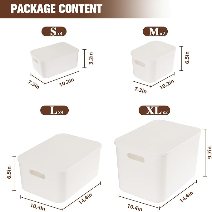 ANMINY 12PCS Plastic Storage Bins Containers with Lids, Large Storage Organization Bins Boxes, Lidded Plastic Storage Baskets for Closet Shelves Desktop, White Lids, 2XL + 4L + 2M + 4S