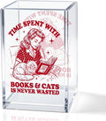 Time Spent With Books & Cats Acrylic Pencil Holder Cup, Funny Floral Cat Books Desk Organizer for Book Lover Bookish Bookworm Reader, Cats Lover Gifts for Mom Sister BFF, Pencil Cup for Desk