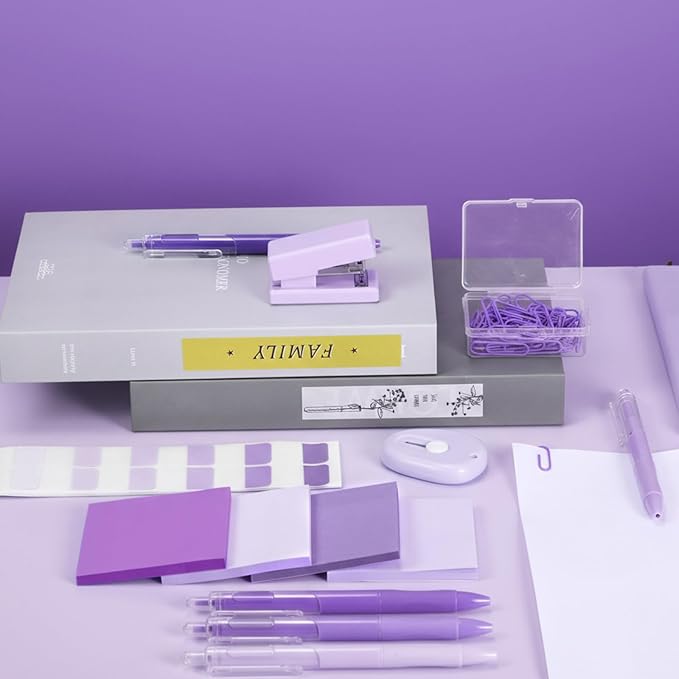 Mini Purple Office Supplies Kit Purple School Supplies Christmas Gift Desk Accessories with Gel Pens Sticky Notes Stapler Scissor Paper Clips Index Tabs Box Cutter for Christmas Gifts Office