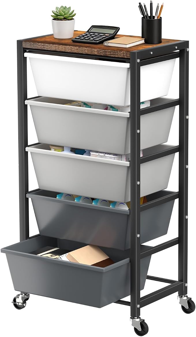 Rolling Cart with 5 Drawers, Plastic Drawer Storage Carts with Wheels & Wooden Tabletop, Metal Utility Cart for Office Bedroom Living Room Classroom, Craft Organization and Storage, Grey