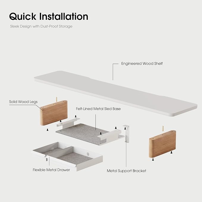 Fenge 42.5" Monitor Stand with Storage Drawers, Minimalist Monitor Riser with Solid Ash Legs and Cable Management, Wooden Desk Shelf for Home Office Workspaces, White