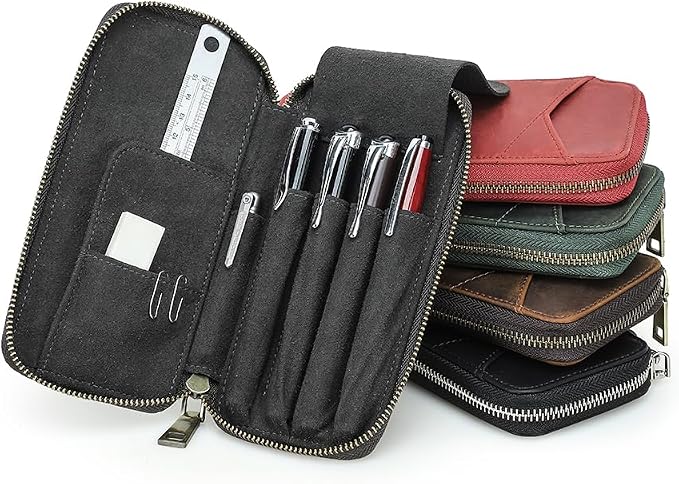 CONTACTS Personalized Pencil Case for 4 Full Grain Leather Zipper Pen Holder Custom Engraved Name Pens Pouch by Handmade