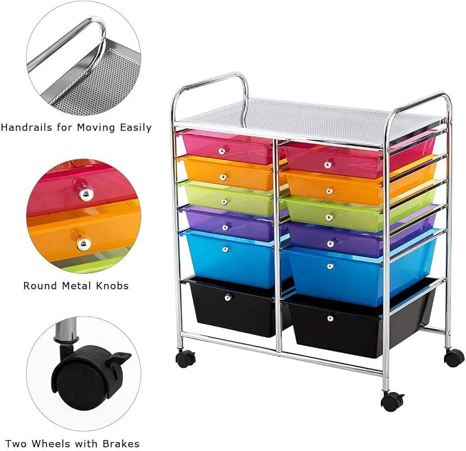 Moccha 12-Drawer Rolling Storage Cart - Under Desk Storage Drawers with wheels for Craft Art Supply Paper Salon, Scrapbook Paper Tools, Mobile Utility Cart for Classroom, Colorful
