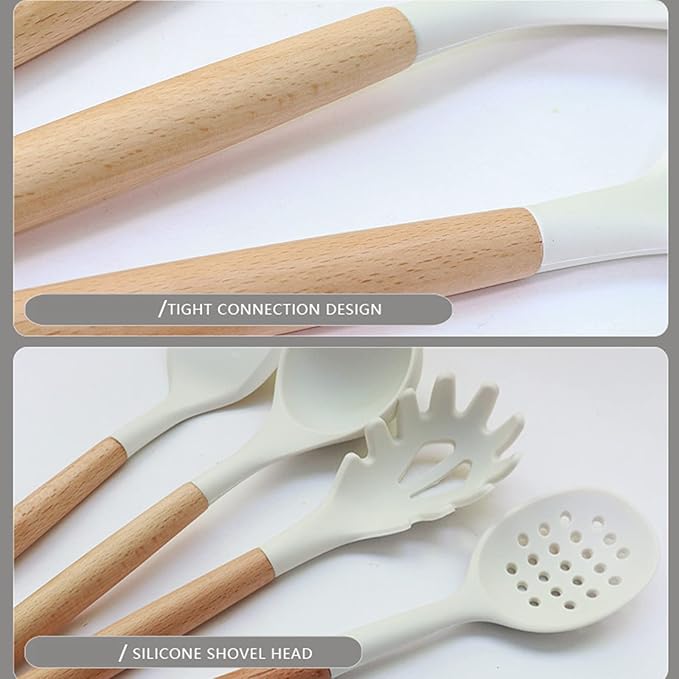 11pcs Silicone Cooking Utensils Spatula Set with Wooden Handle, White Kitchen Gadgets Set for Nonstick Cookware, Include Holder Storage Bucket.