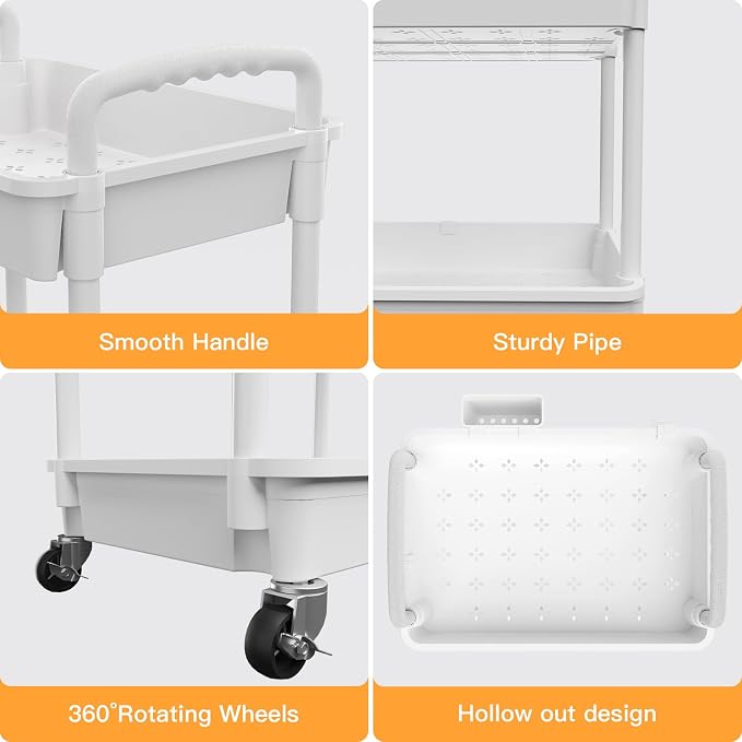 3 Tier Rolling Utility Cart with Handle,REBECAT Utility Cart Made of Multifunctional Storage Organizer Tool for Kitchen,Bathroom,Living Room,Office(White)