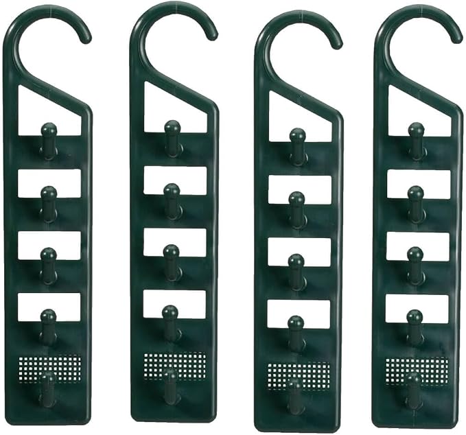 Space Saving Closet Hanger Holders – Set of 4 Durable Green Plastic Organizers with 5 Vertical Hooks Each – Maximize Wardrobe Space for Clothes, Belts, Scarves & Accessories by Miles Kimball