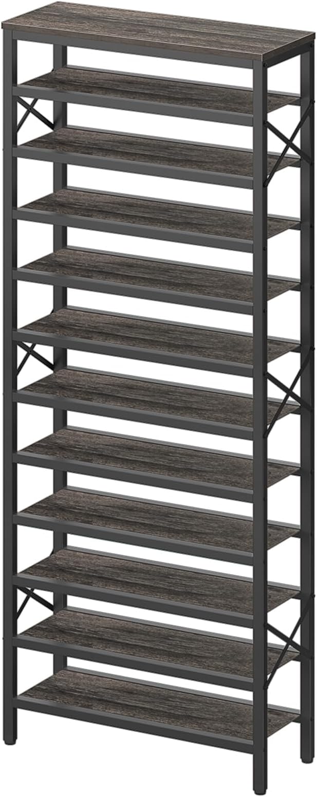YATINEY 12-Tier Tall Shoe Rack Organizer, Wooden Shoe Storage for Closet Holds 48 Pairs, Sturdy Shoe Shelf with X-Shaped Metal Support, for Entryway, Bedroom, Charcoal and Black SS212BC
