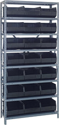 Quantum 1275-445BK Heavy Duty Shelving Unit with (8) Shelves and (21) SSB445 Black Bins for Garage Warehouse Storage Distribution | 400 lb Load Capacity | 12"D x 36"L x 75"H, Galvanized Carbon Steel
