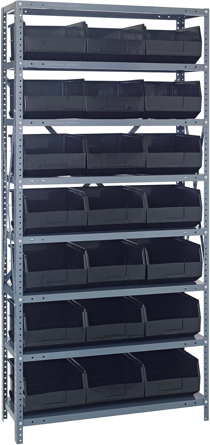 Quantum 1275-445BK Heavy Duty Shelving Unit with (8) Shelves and (21) SSB445 Black Bins for Garage Warehouse Storage Distribution | 400 lb Load Capacity | 12"D x 36"L x 75"H, Galvanized Carbon Steel