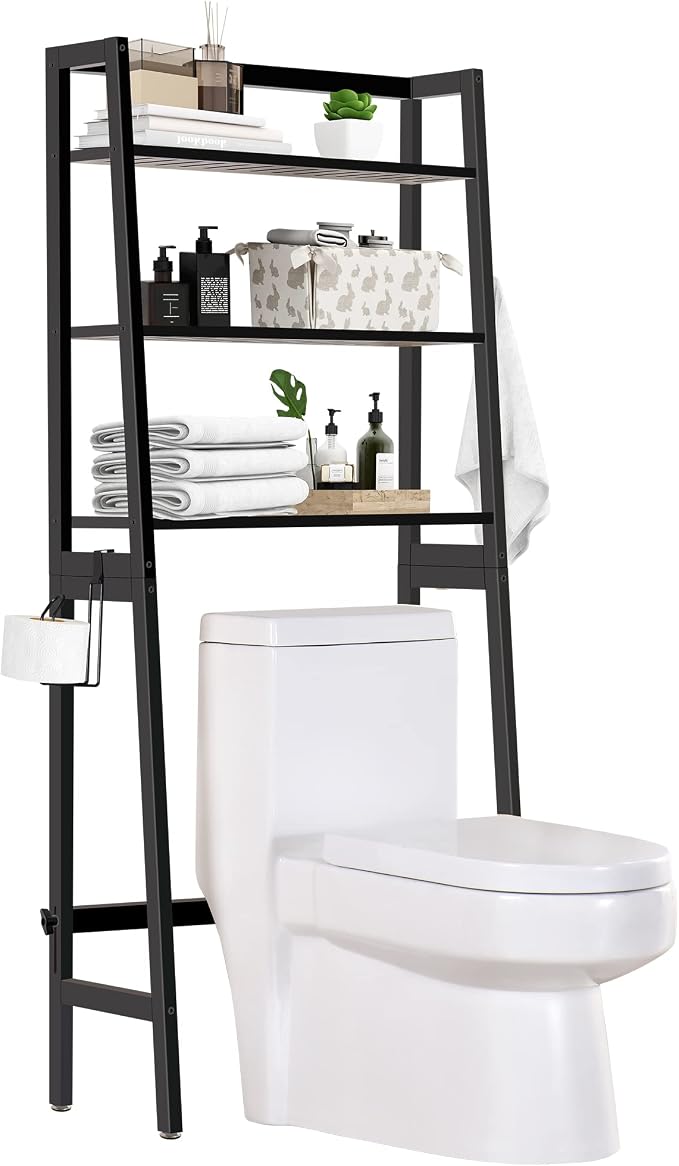 MallKing Over The Toilet Bathroom Organizer, Wooden 3-Tier Over-The-Toilet Storage Rack Bathroom Space Saver Organizer, Freestanding Above Toilet with Toilet Paper Holder and Hooks (Black)