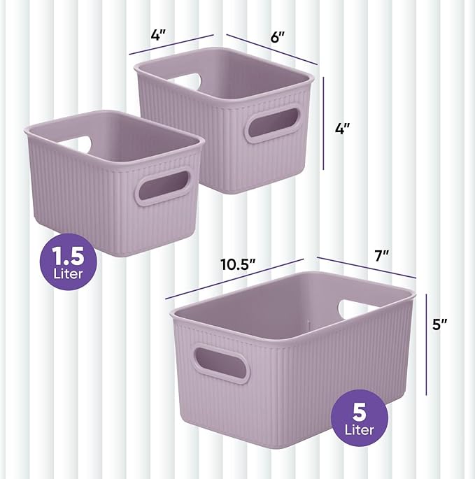 Decorative Plastic Basket Open Home Storage Bins Organizer, Lilac (Set of 3) 1 Medium, 2 Small - Container Boxes for Organizing Closet Storage Bins for Shelves Drawer Shelf - Ribbed Collection