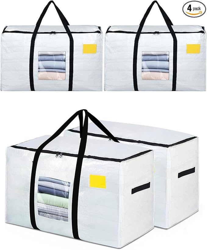 Extra Large Moving Bags, 4 Pack Heavy Duty Storage Bags Boxes Bins Totes with Hnadles Zippers Visible Window for Clothes College Dorm Travel, Clear