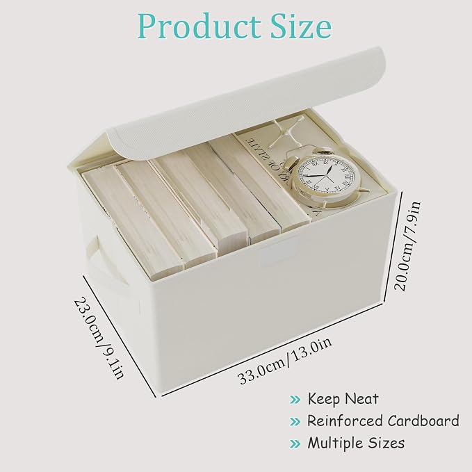 Foldable Storage Bin, Organizer Basket, 2 Pack, Beige, 13x9x7.9 In | Decorative Boxes with Flip-Top Lid and 2 Handles, Foldable Clothes Container for Shelves with Cover for Towels and Blanket