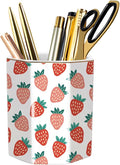Ceramic Strawberries Pen Holder for Desk Cute Pencil Cup Desk Organizer Makeup Brush Holder for Girls, Women, Stationery for Office, Home, Daily Use, (Pink+white)