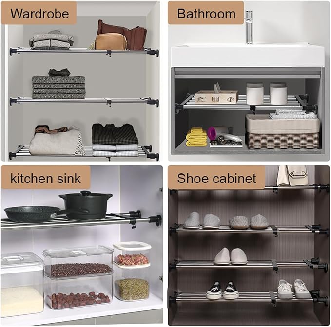 Hershii Expandable Closet Tension Shelf Rod Tension Shelves for Closet | Metal Storage Rack Cabinet Organizer DIY Divider Separator Shelves for Wardrobe Cupboard Kitchen Bathroom, Black 19.69-31.5IN