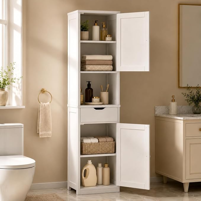 Walsunny Tall Bathroom Storage Cabinet with Freestanding Adjustable Shelves, Narrow Storage Linen Cabinet with 2 Doors and 1 Drawer for Bathroom, Living Room, Kitchen(White)