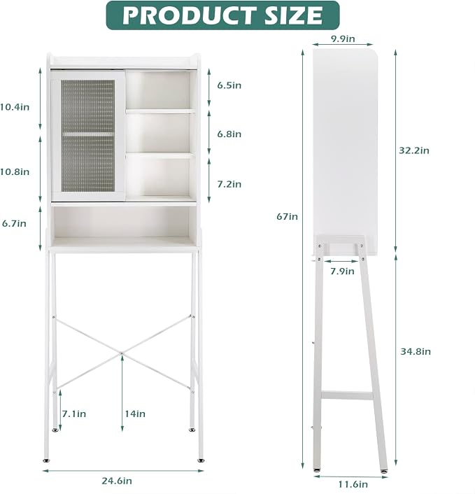 SUNTAGE Over Toilet Storage Cabinet Organizer for Bathroom, Over Toilet Shelf, Freestanding Space Saver with Adjustable Shelves, Acrylic Sliding Door, Wide Open Shelf, 2 Hooks, Classic White
