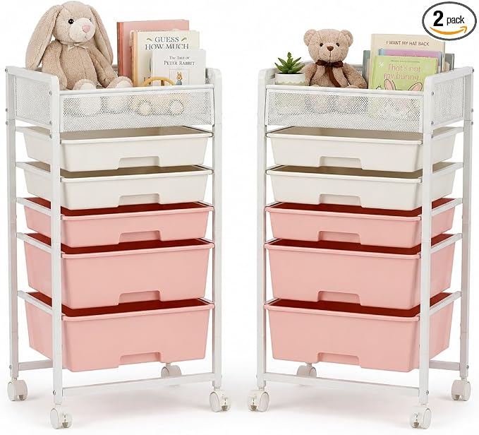 2 Pack Rolling Craft Cart with 5 Drawers, Craft Cart with Wheels, Art Cart Organizer and Storage, Rolling Utility Cart with Handles for Organizing Crafts, Yarn, Toys, School Supplies, etc