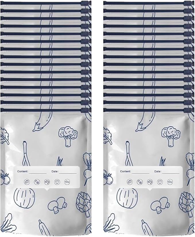 Reusable Aluminum Foil Sealable Storage Bags, Vacuum Zipper Pouches with Label and Stand Up Bottom Design, Leakproof Durable Food Storage Bags for Vegetables Fruits Meat (30, Large)