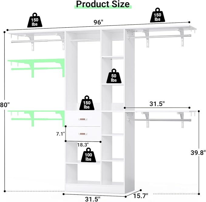 Armocity 8FT Heavy Duty Wood Closet System, 1500 LBS+ Capacity Wall Mounted Walk-in Closet Organizer with 2 Drawers & 4 Hanging Rods, 96'' Custom Bedroom Storage Wardrobe, White