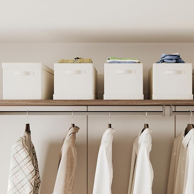 Fabric Storage Bins with Lids 14.6*10.6*10.2 in, 2-Pack Storage Baskets for Closet, Large Linen Organizers and Storage Bins for Bedroom, Collapsible Baskets and Bins with Handles, Off White
