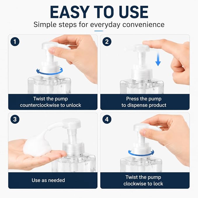 TMLECE 22oz/650ml Square Soap Dispenser Bottles | PETG Material, Large Capacity, Leak-Proof Pumps for Hand Soap, Lotion & Shampoo in Bathrooms & Kitchens, 4 Pack