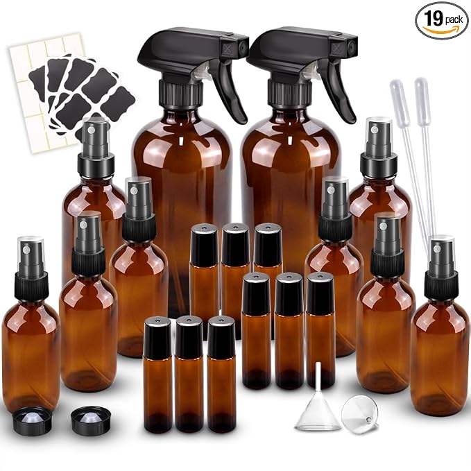 Loretoy Glass Spray Bottle Kit×10 (2×16oz, 2×4oz, 6×2oz), 9×10ml Roller Bottles, Anti UV, Multi Size and Versatile, Suitable for Aromatherapy, Facial Moisturizing, Watering, etc.(Amber)