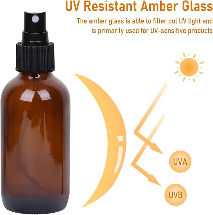 Jaisie.W 4 oz Amber Glass Spray Bottles 24 Pack, Leakproof Small Refillable | Containers for Perfumes, Cleaning Products, Pet, Essential Oils - Empty Travel Size Bottles for Hair,Plants, Premium Sprayers