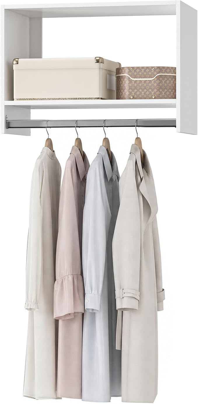 31.5" Wide Tall Hanging Modular Closet System, Wall-Mounted Closet Organizer with Shelf and Hanging Rod, White