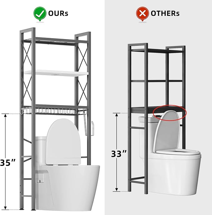 Kalrin Over The Toilet Storage with X Shape Side Guardrail, 3-Tier Over Toilet Storage Rack with Drain Basket, Freestanding Bathroom Organizer for Balcony Laundry, Grey-White