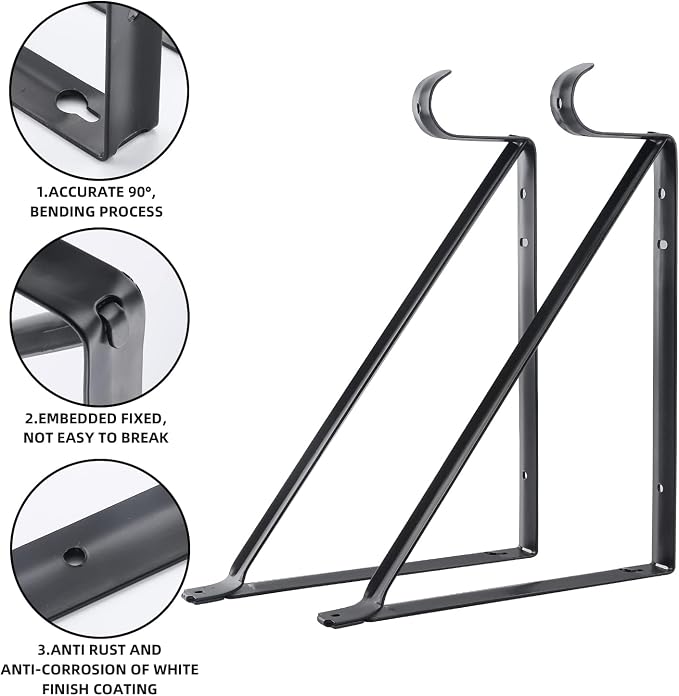 HOME MASTER HARDWARE Heavy Duty Closet Shelf Rod Brackets 10 Pack,Wall Mounted Closet Shelves Support Brace with Hook,10-3/4 in Black Bracket with Screws